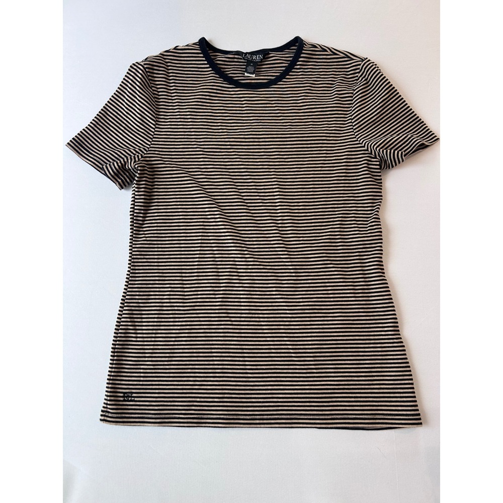 Lauren Ralph Lauren T-Shirt Women Medium Tan Navy Striped Ringer Crew Neck